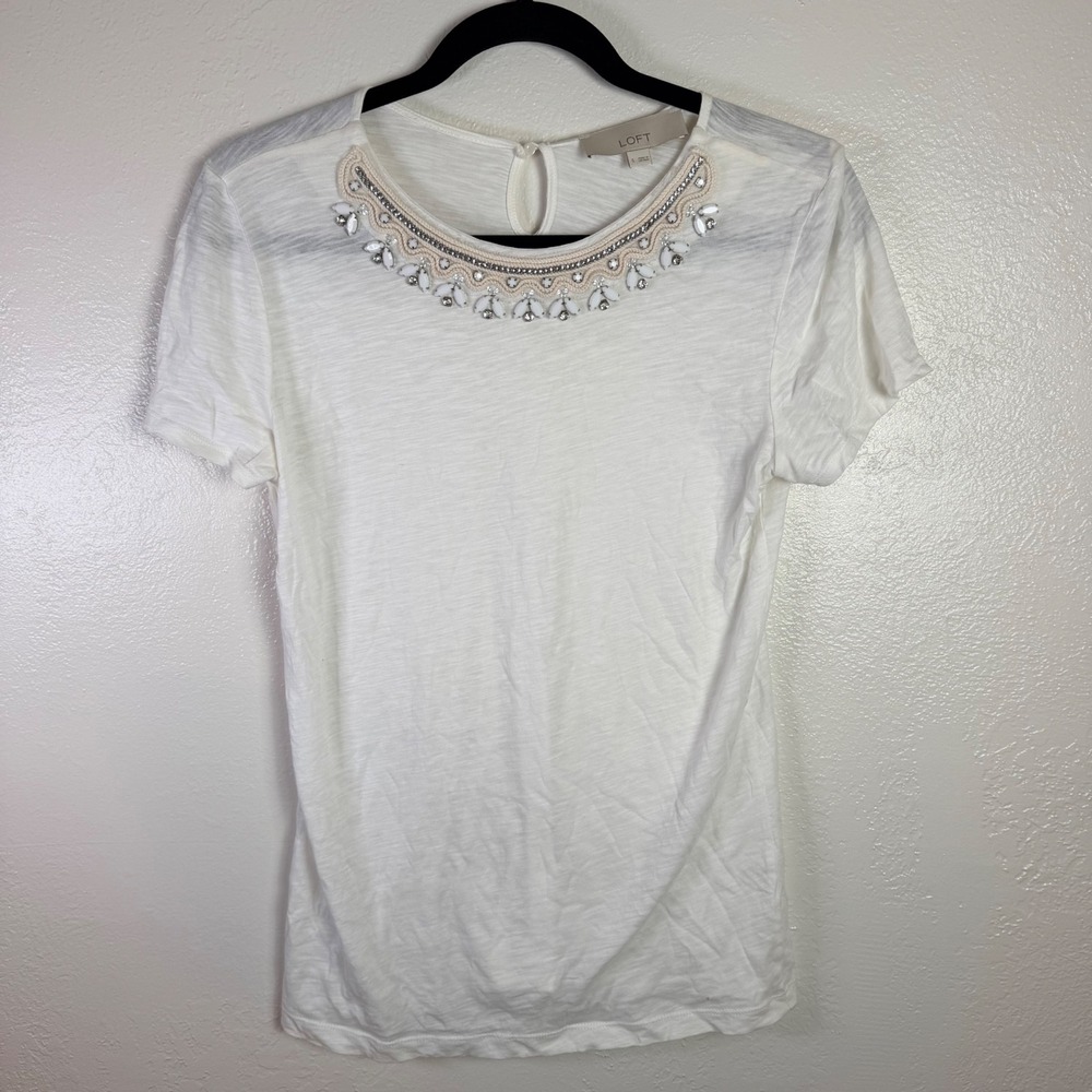 Loft Women's S White Cotton Embellished Beaded Top Boho Layering Glam Chic